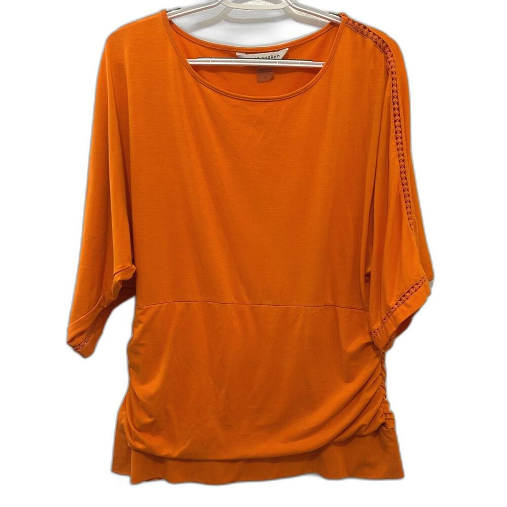 Peter Nygard Orange Ruched Tunic Top L Dolman Sleeve Braid Trim Blouse